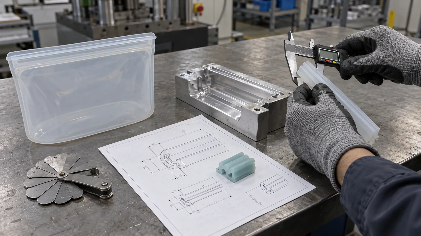 Engineer measuring silicone food storage bag seal samples beside tooling and a technical drawing