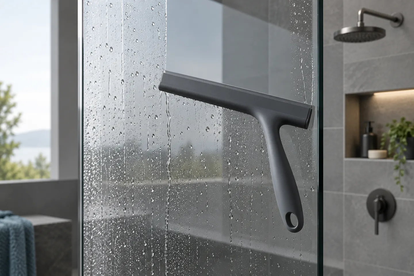 Custom matte silicone shower squeegee wiping water from a glass shower panel
