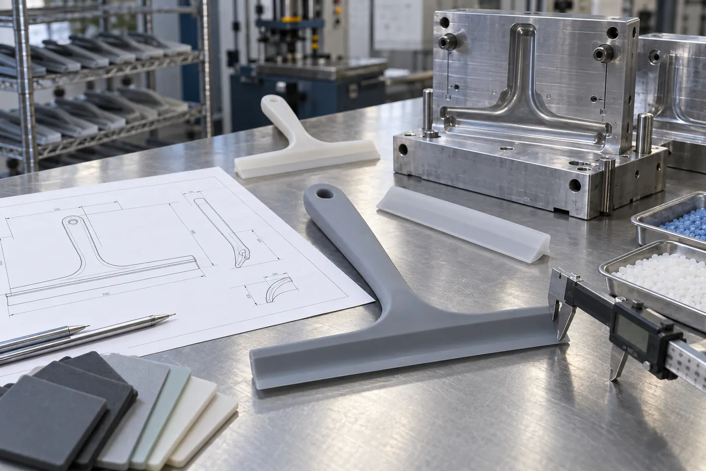 Blade and Tooling DFM Silicone shower squeegee prototype beside mold tooling and dimensional inspection equipment