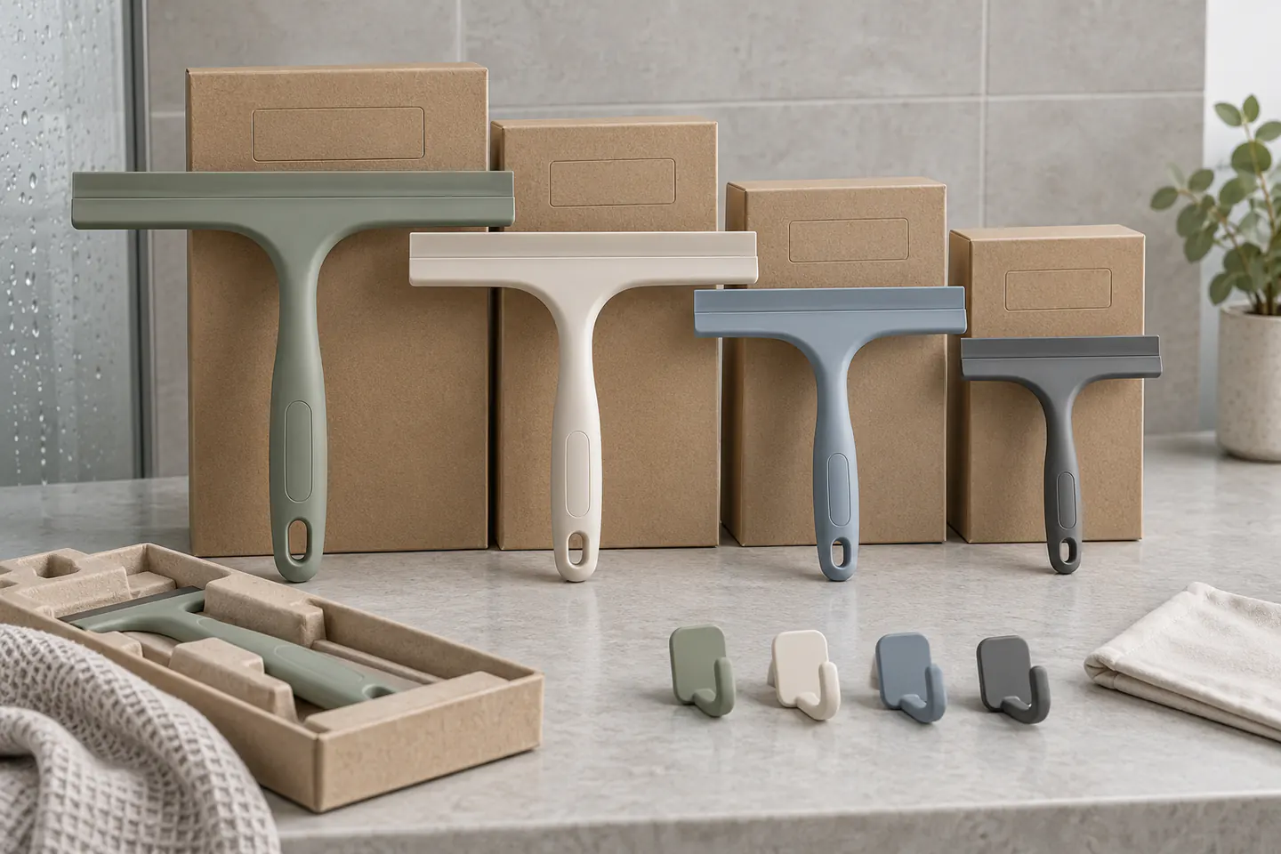 Private-Label Range and Packout Private-label silicone shower squeegees in four colors with hooks and blank retail packaging