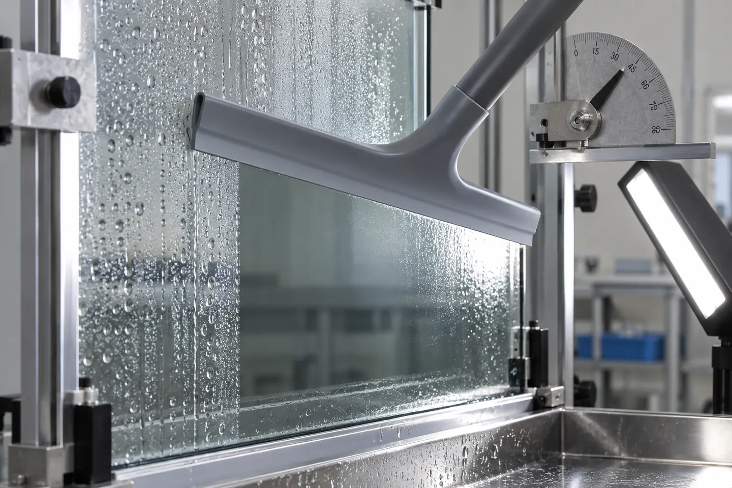 Wipe-Contact Validation Silicone shower squeegee undergoing controlled blade-contact and wipe-track validation on glass