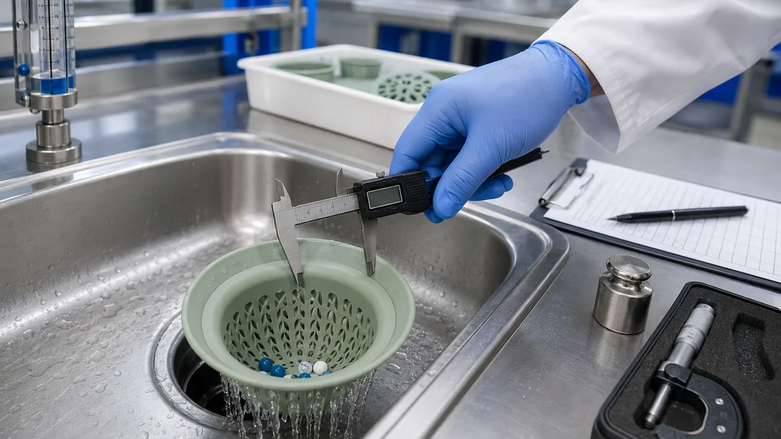 Controlled Drainage and Fit Validation Drainage fit and dimensional validation for a silicone sink strainer