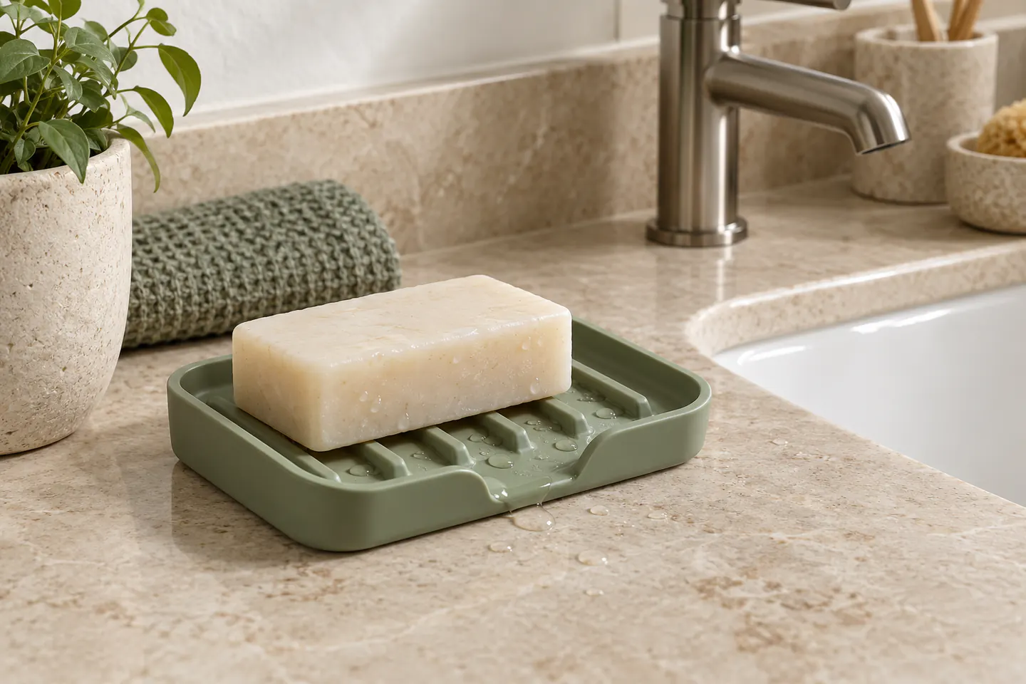 Custom sage silicone soap dish with raised drainage ribs beside a bathroom sink