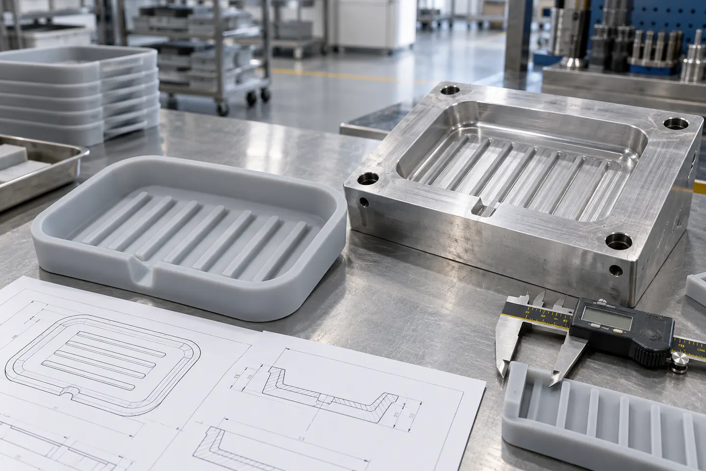 Rib and Tooling DFM Silicone soap dish prototype, aluminum mold and dimensional drawing on a factory workbench