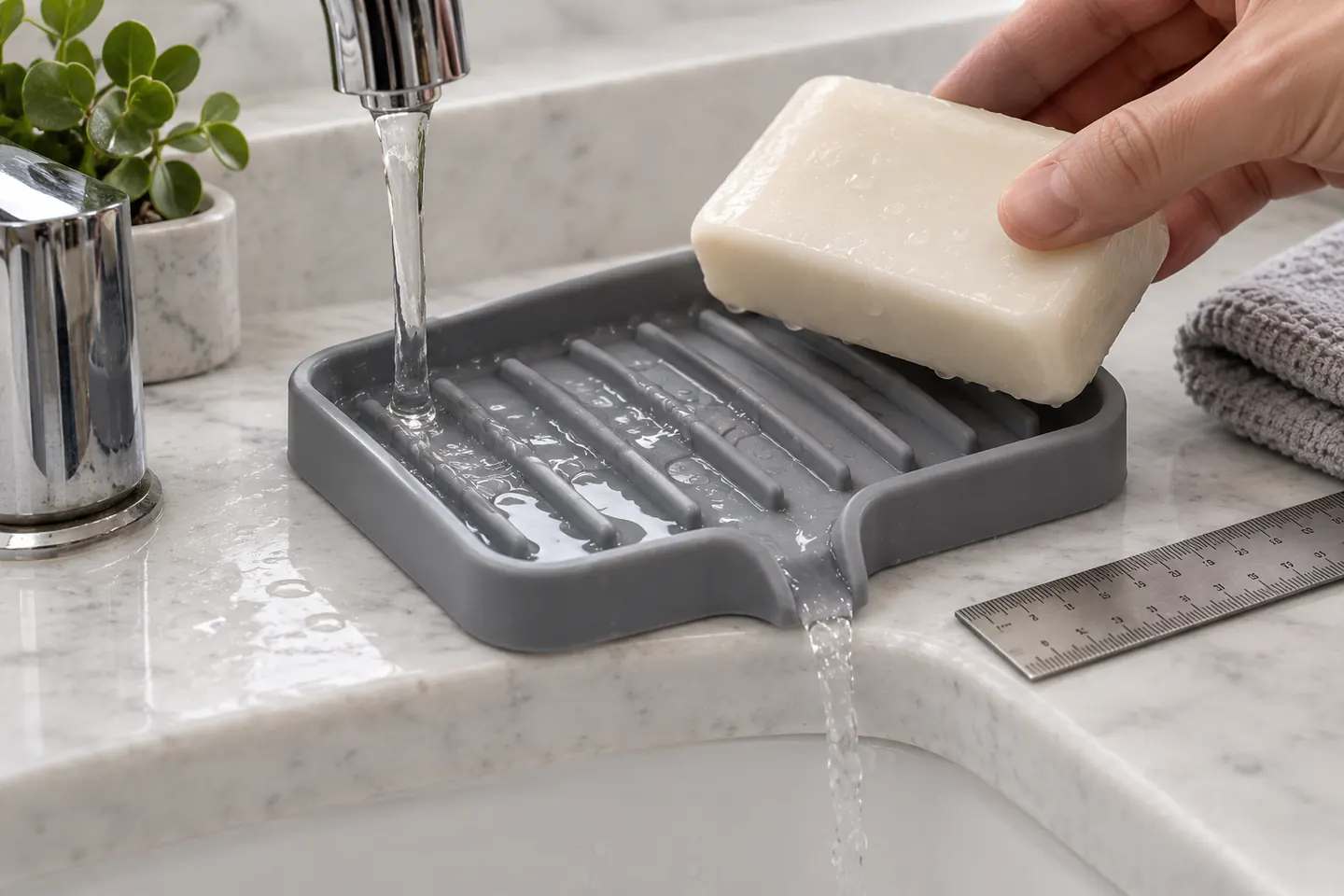 Drainage and Drying Evaluation Controlled water drainage evaluation on a molded silicone soap dish with a soap bar