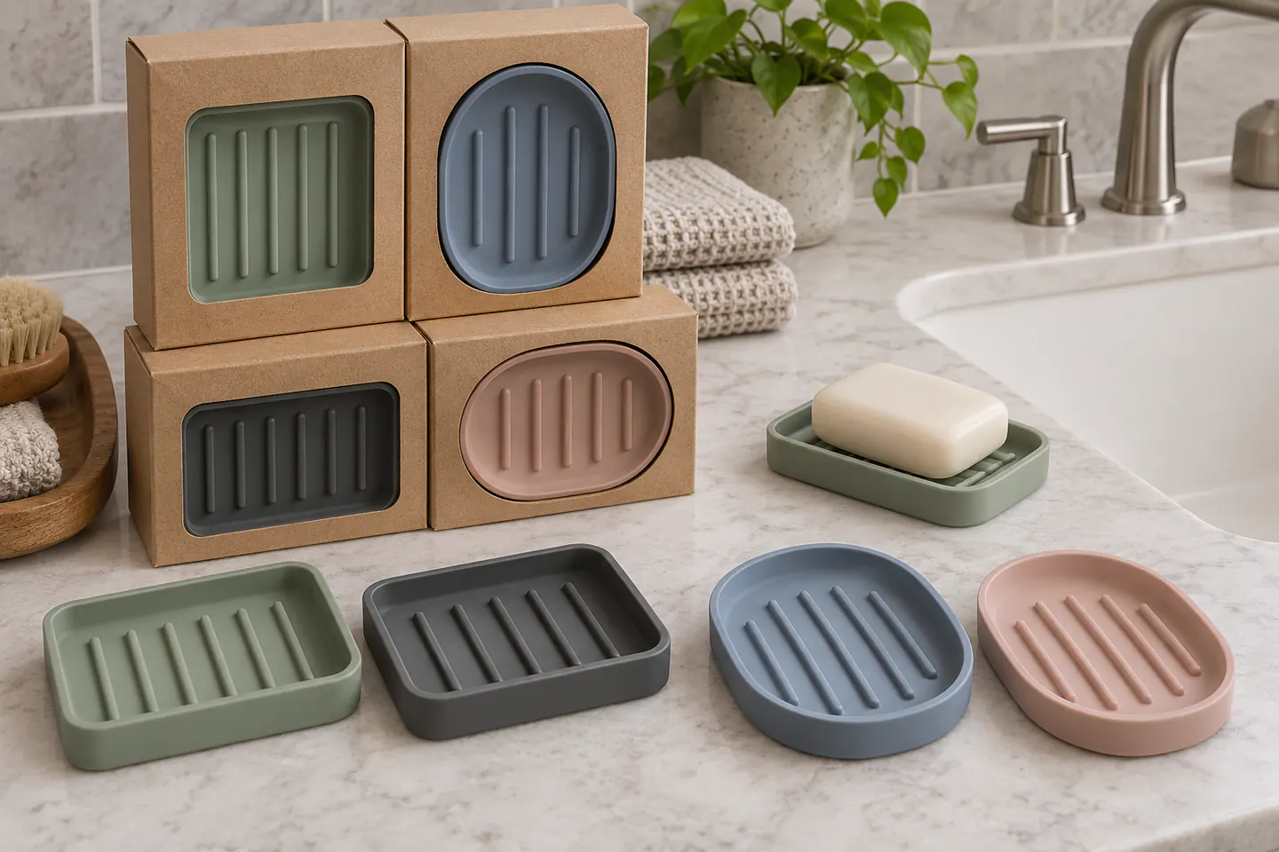 Private-Label Range and Packout Private-label silicone soap dishes in multiple shapes and muted colors beside blank packaging