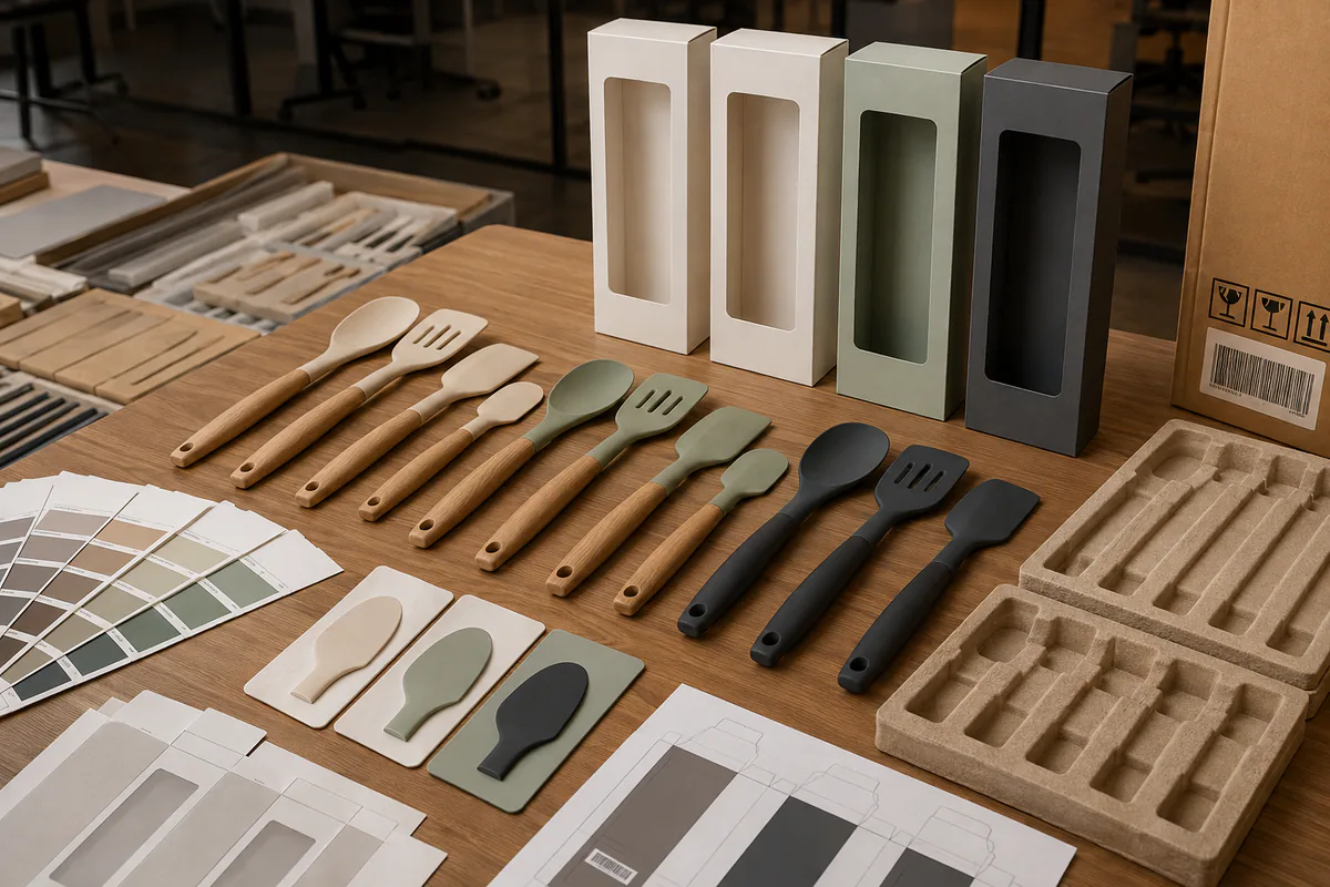 Private-Label Assortment Approval Private-label silicone spatula set colors molded brand zones and packaging approval