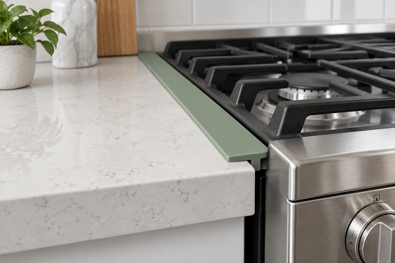 Sage custom silicone stove gap cover installed between a stainless range and quartz countertop