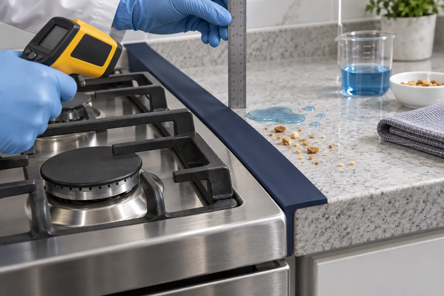 Fit, Spill and Heat-Adjacent Validation Stove gap cover on a test kitchen fixture during fit spill and heat-adjacent validation