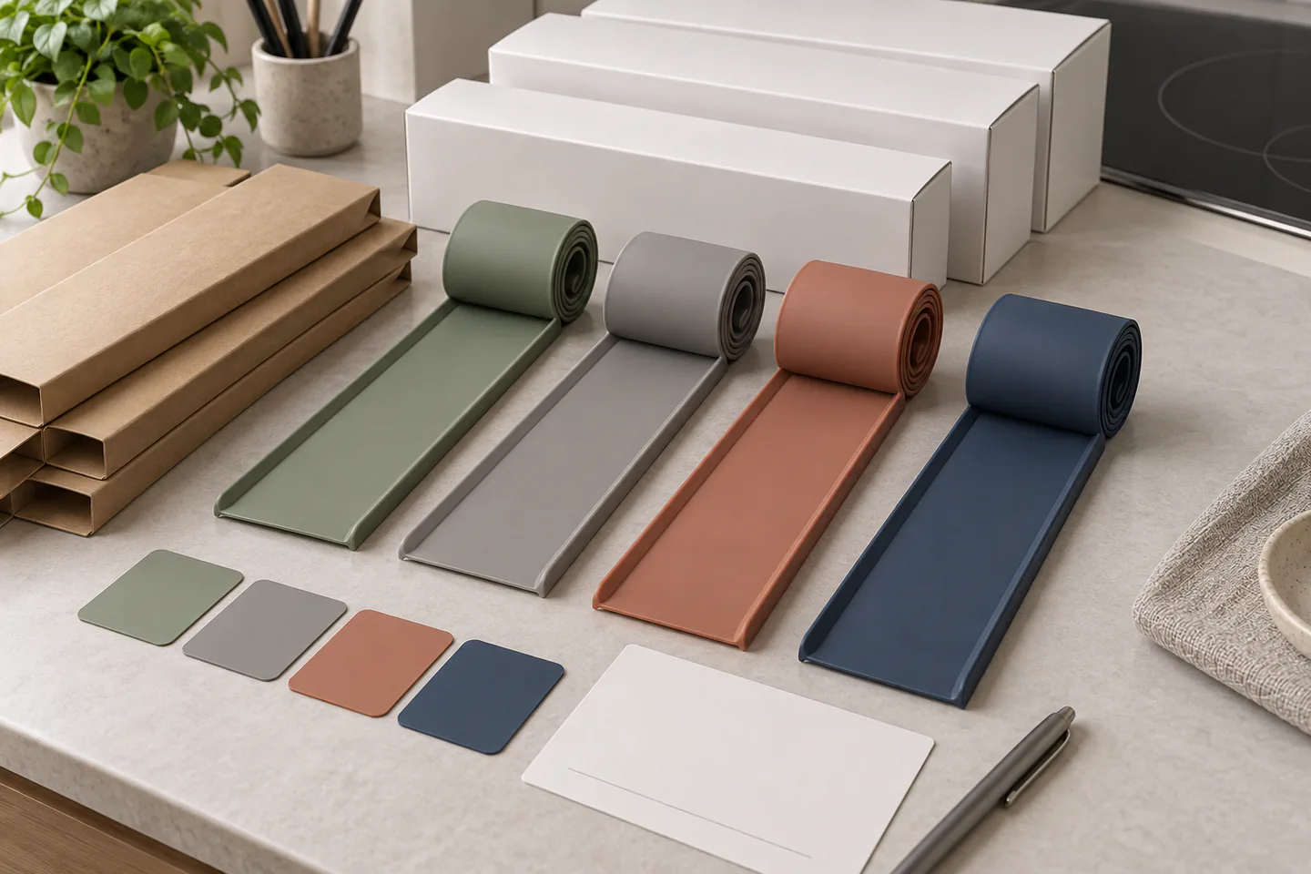 Private-Label Gap Cover Packout Sage gray terracotta and navy silicone stove gap covers with blank private-label packaging