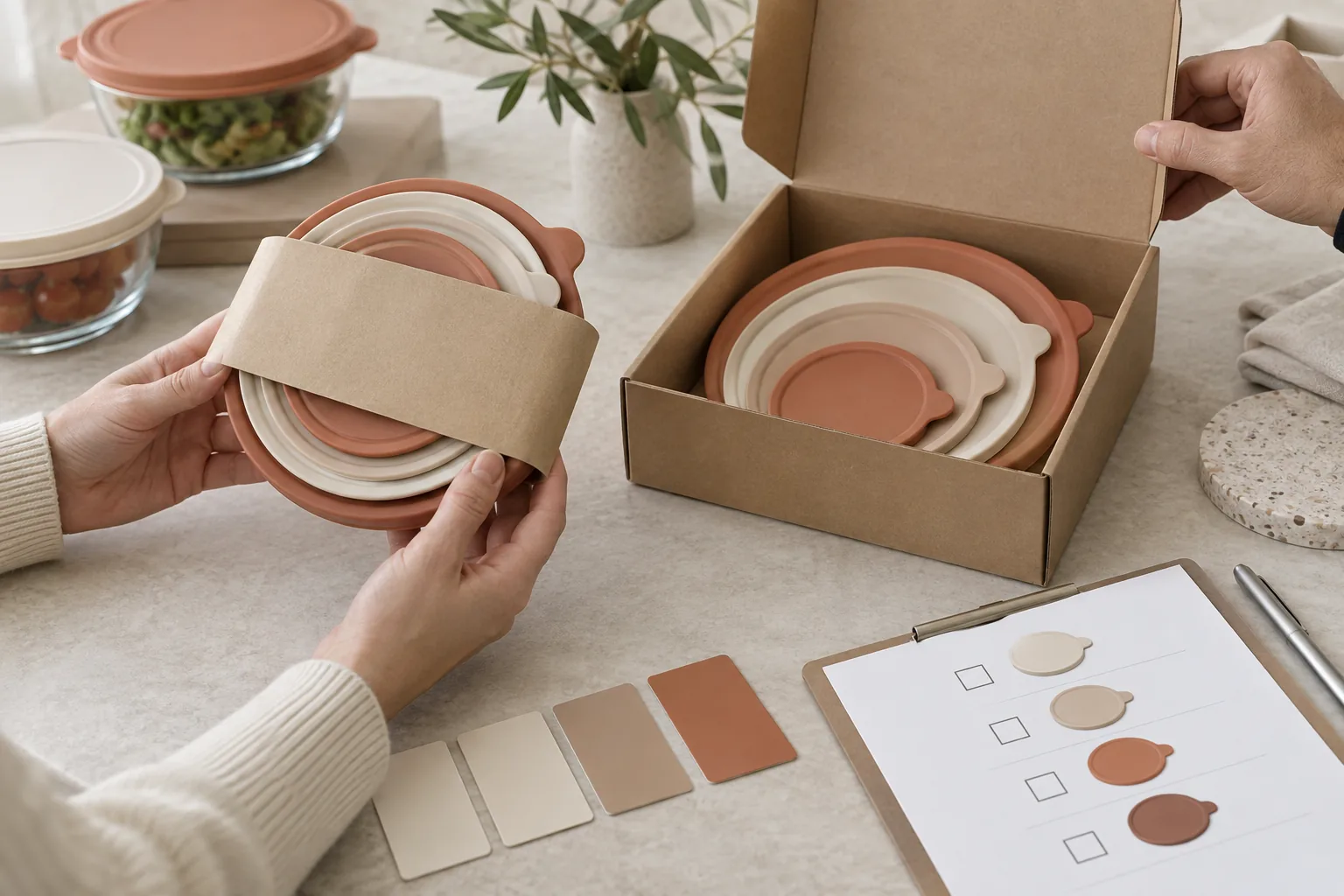 Private-Label Size-Mix Approval Nested silicone stretch lids in plain kraft retail pack with color references