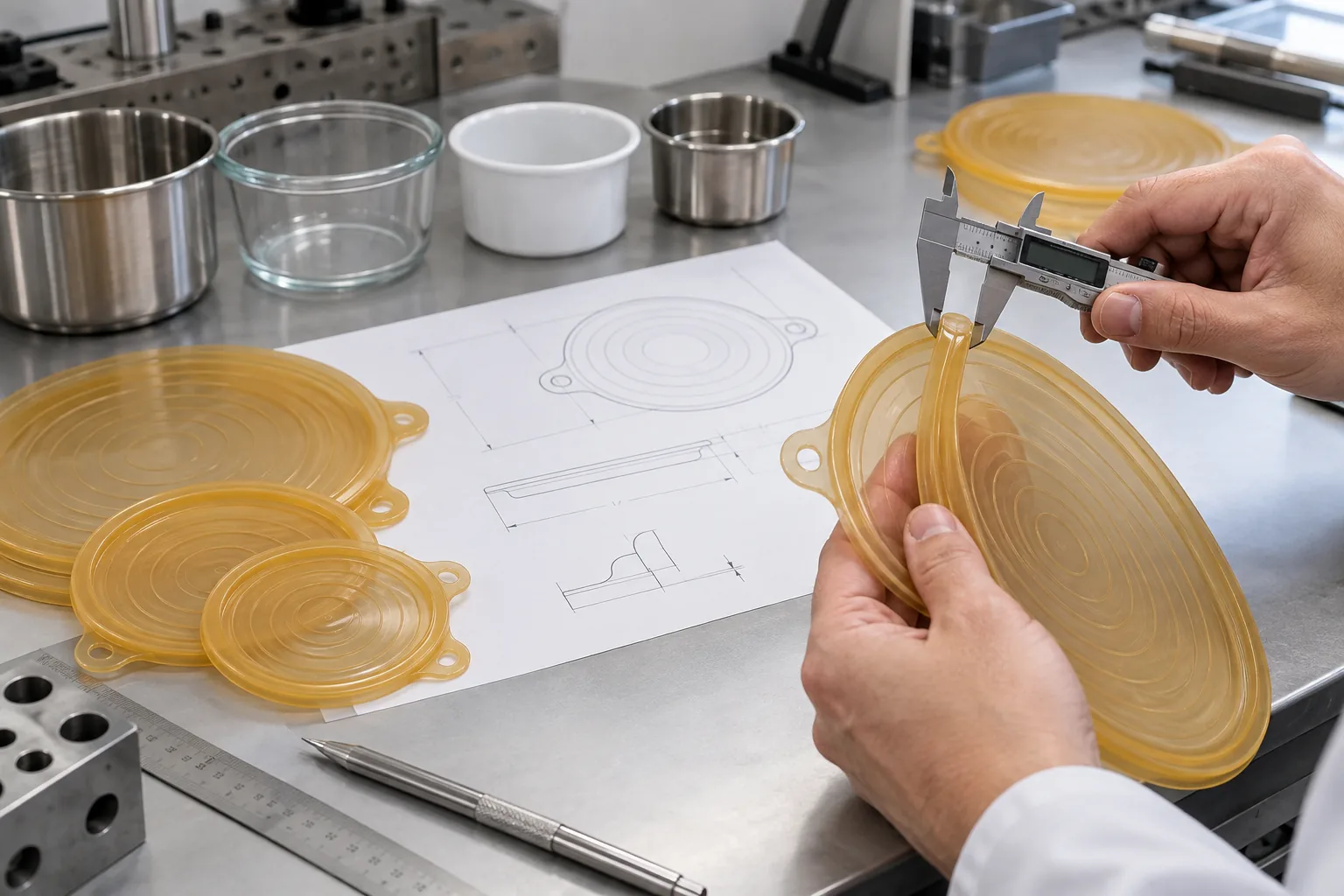 Rim Bead and Tooling Review Engineer measures silicone stretch lid rim bead and pull tab against vessel samples