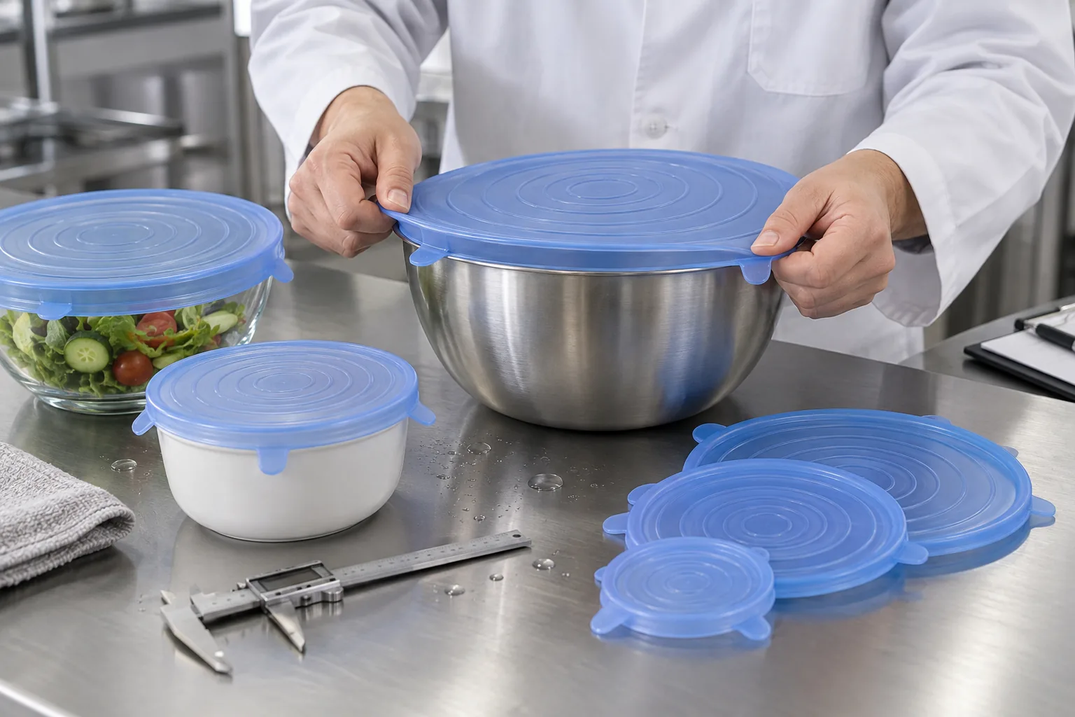 Vessel Fit and Recovery Trial Technician stretches silicone cover onto a stainless bowl beside glass and ceramic fixtures