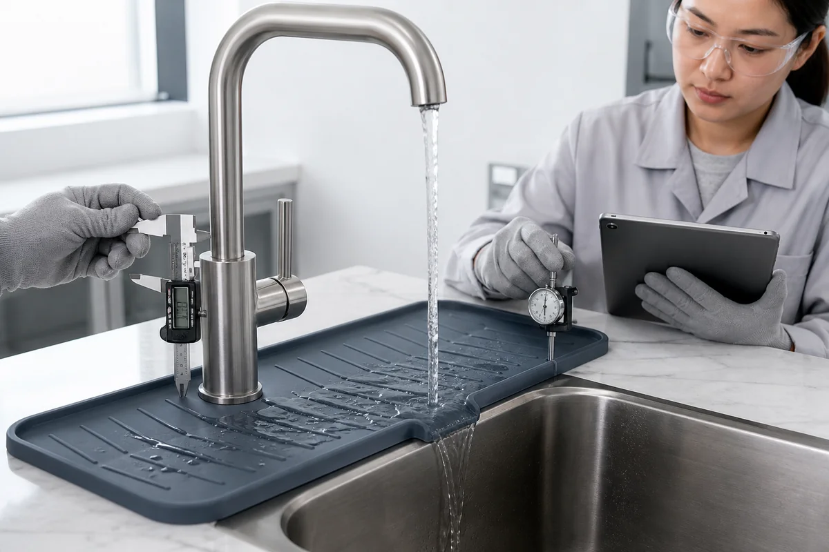 Drainage and dimensional validation for a silicone faucet splash guard mat