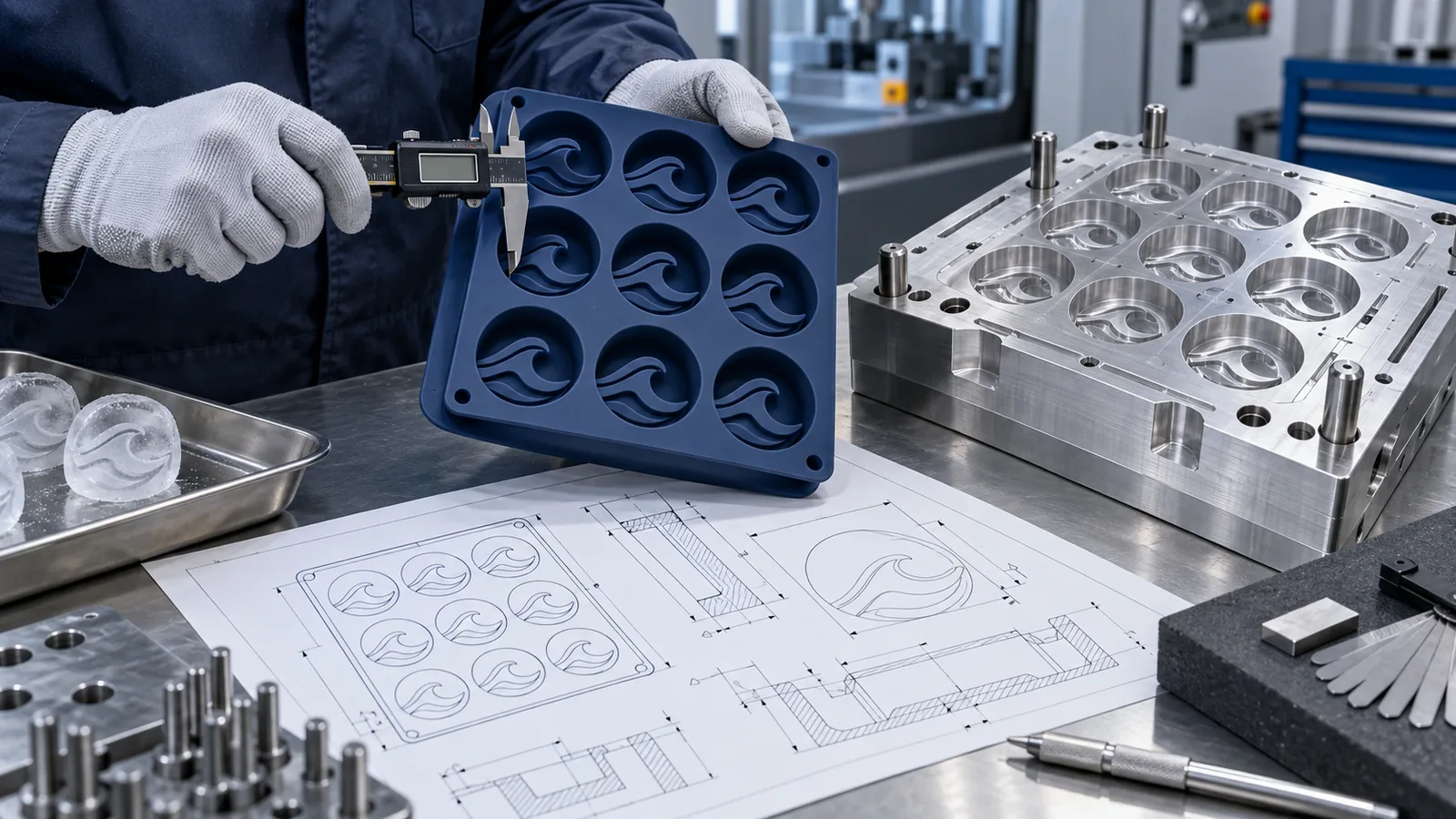 Logo Cavity DFM and Tooling Review Engineer measures logo ice mold cavity beside aluminum tooling and a dimensional drawing