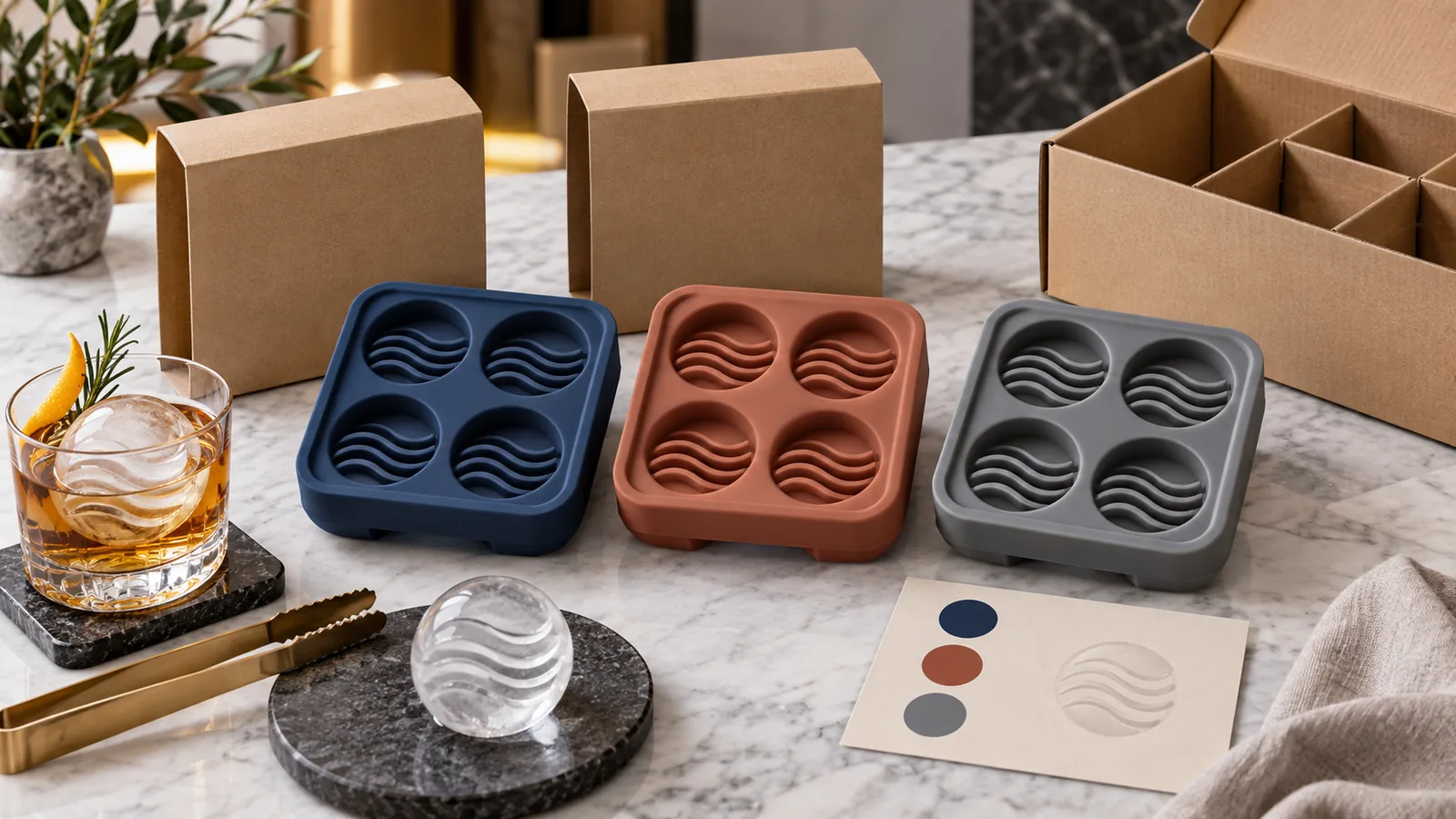 Private-Label Color and Packout Approval Three custom logo ice mold colorways with blank kraft sleeves and export carton