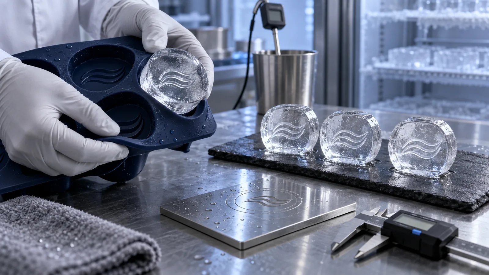 Frozen Detail and Release Validation Technician demolds a clear emblem ice piece during logo definition and release validation