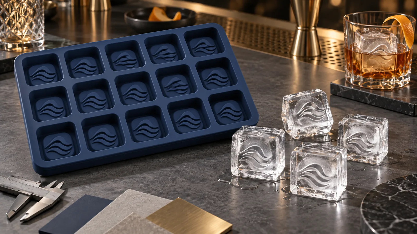 Deep navy custom logo silicone ice mold with wave emblem cavities and matching clear ice pieces