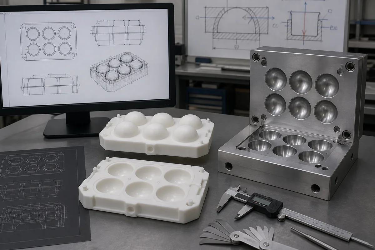 Custom silicone ice sphere mold CAD prototypes and six-cavity compression tooling