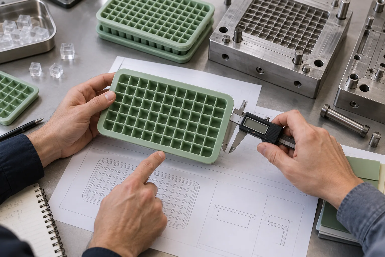 Engineer measures a green silicone mini ice tray cavity grid with a caliper