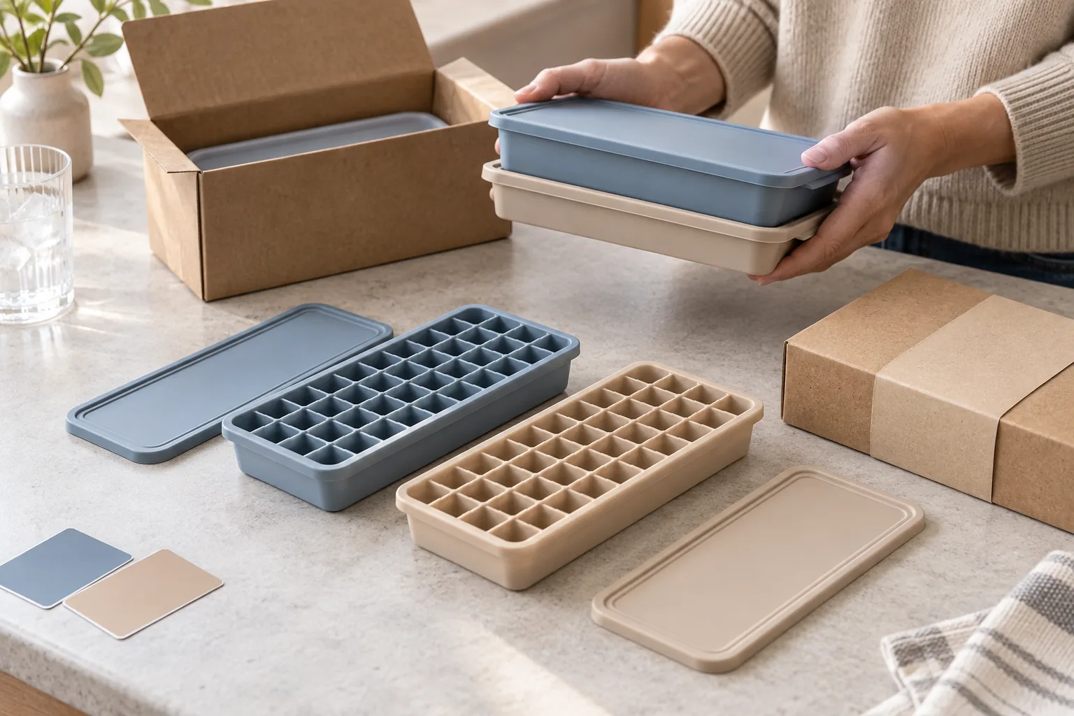Two colored small-cavity silicone ice trays with fitted lids beside a kraft retail box