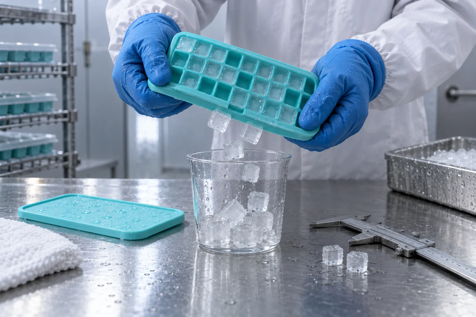 Gloved technician flexes a blue silicone mini ice tray to release small frozen cubes