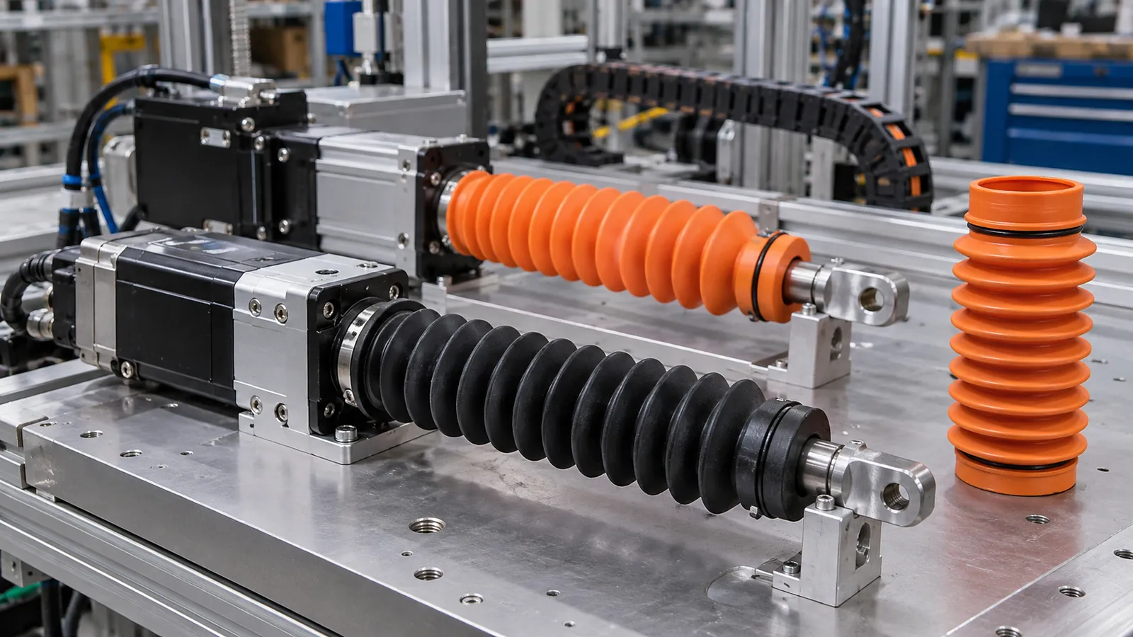Black and orange silicone bellows boots installed on linear actuator assemblies