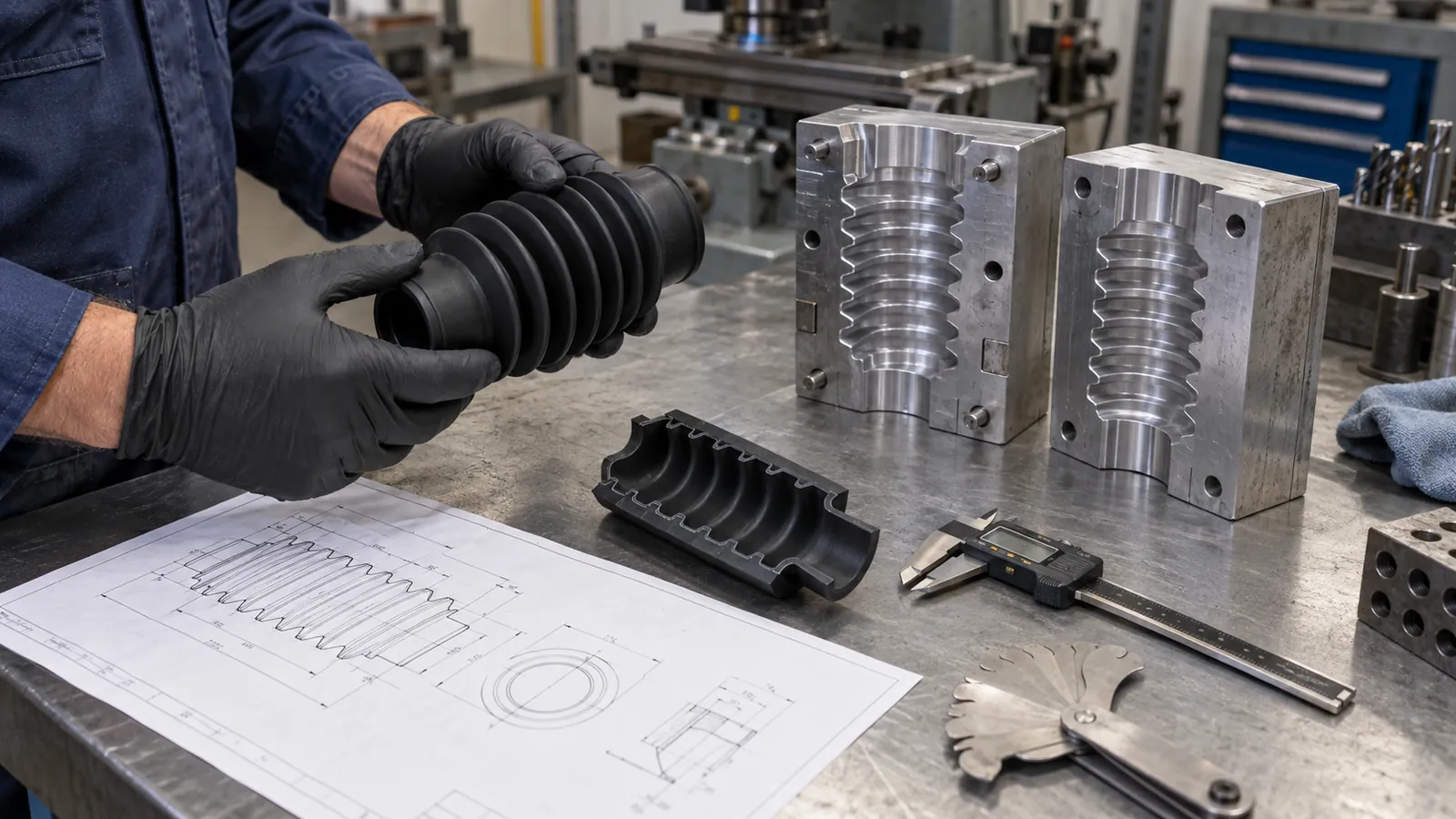 Bellows DFM and Tooling Review Engineer reviewing silicone bellows prototype section and aluminum tooling