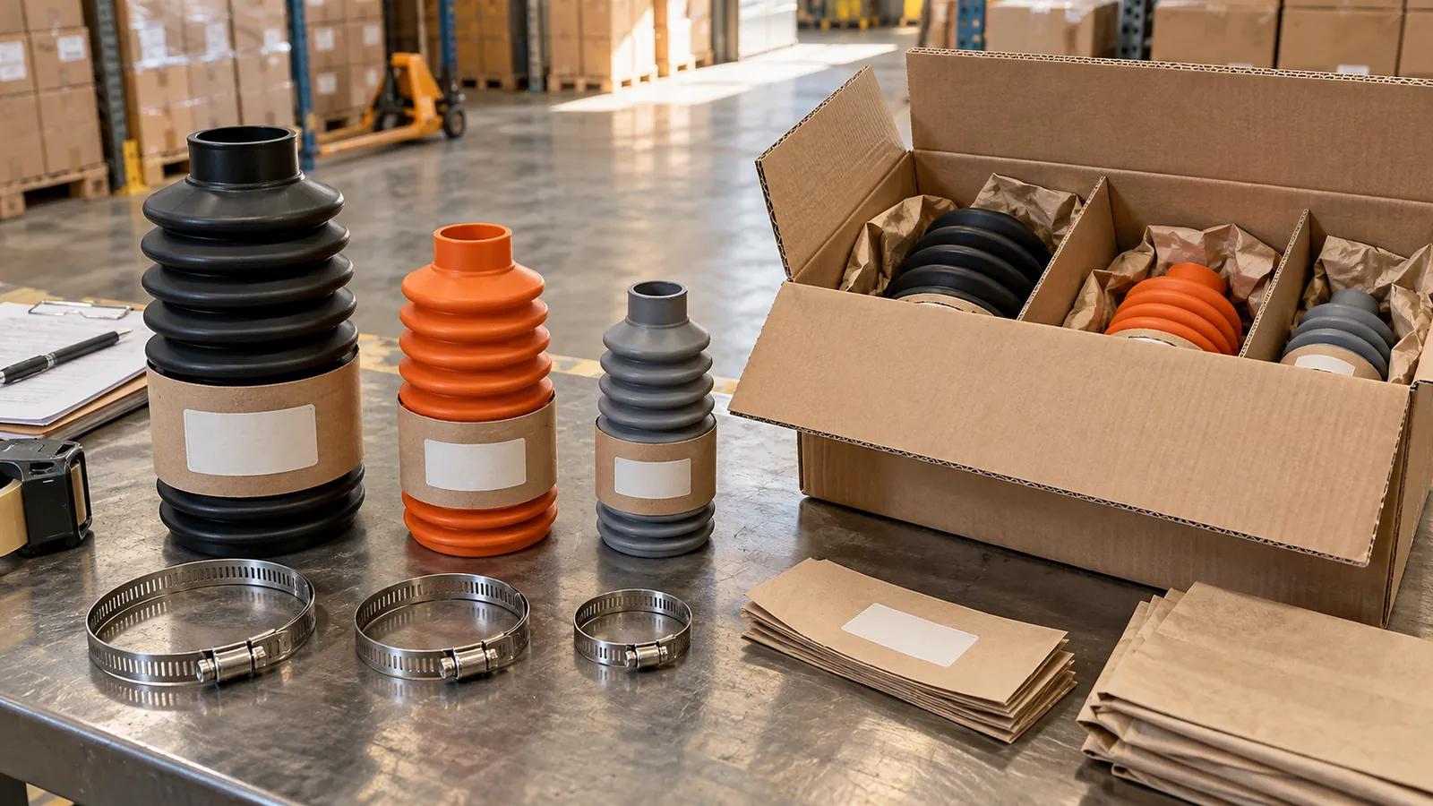 Industrial Identification and Pack-Out Three silicone bellows sizes with clamps paper sleeves and divided export carton
