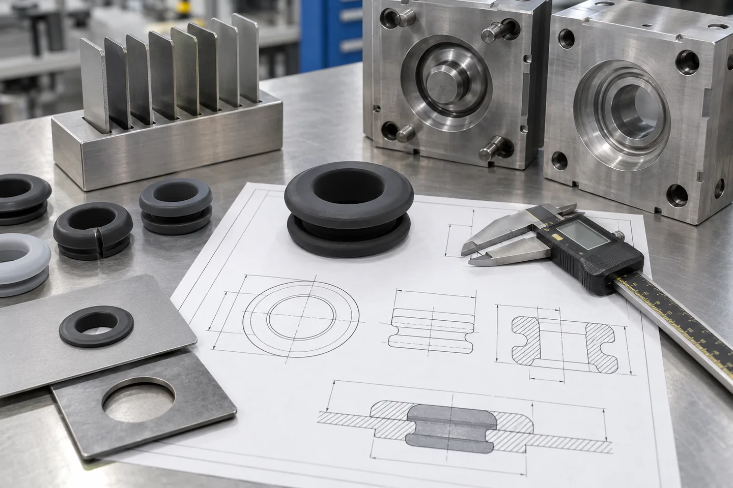 Grommet DFM and Tooling Review Silicone cable grommet prototype with sectional drawing caliper panel gauges and compression mold
