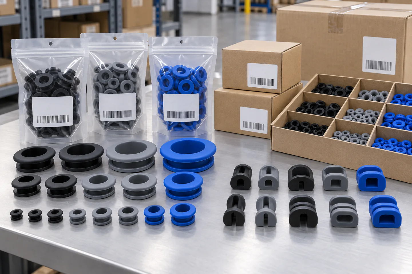 Industrial Identification and Packout Custom silicone cable grommets sorted by size and color with blank industrial packaging