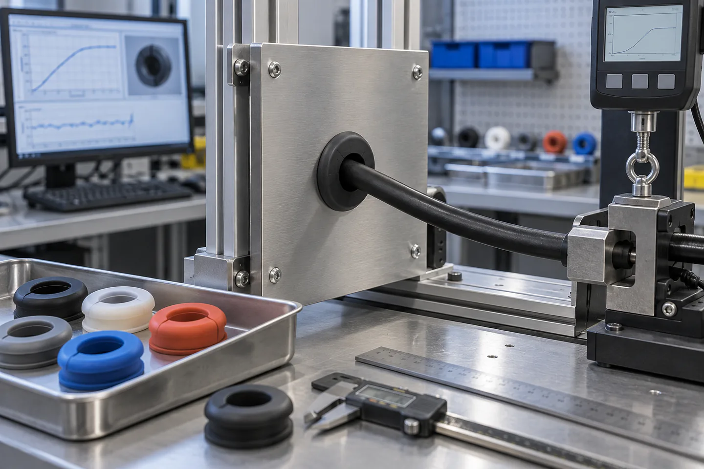 Panel Fit and Retention Validation Cable grommet installed in a metal panel during retention movement and dimensional validation