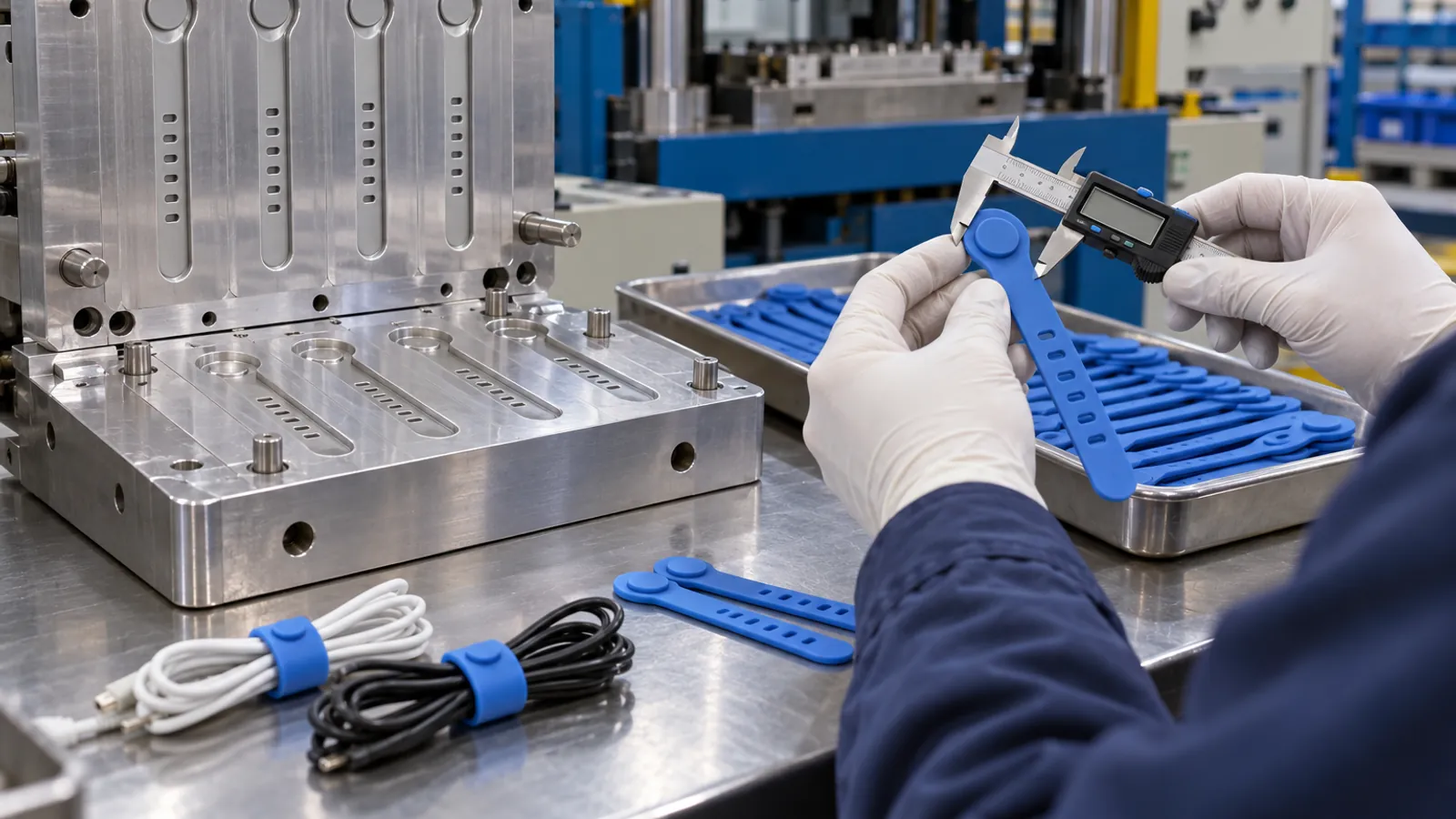 Engineer measuring a blue silicone cable strap beside a precision multi-cavity compression mold