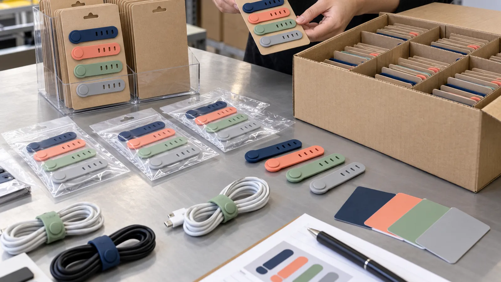 Silicone cable organizer straps in multiple colors arranged with kraft retail cards and compartmented export cartons