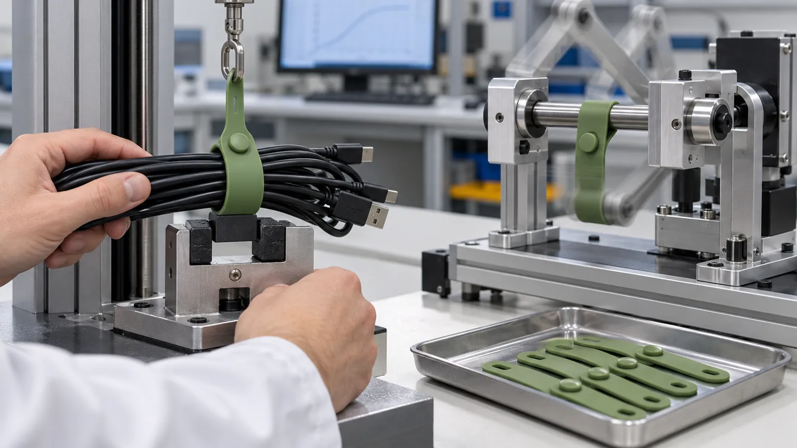 Technician testing closure retention and repeated flexing of a green silicone cable organizer strap