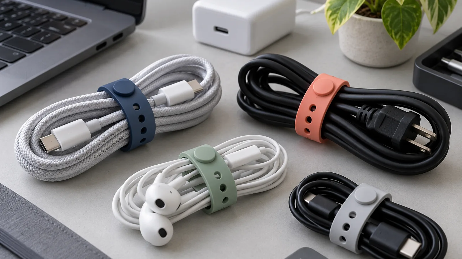 Color-coded silicone cable organizer straps securing USB and power cords on a clean electronics workbench