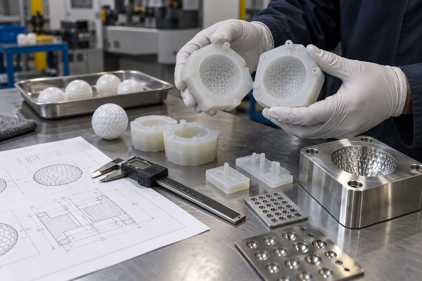Dimple Geometry and Tooling Review Golf ball ice mold prototype with dimple drawing caliper gauges and mold insert