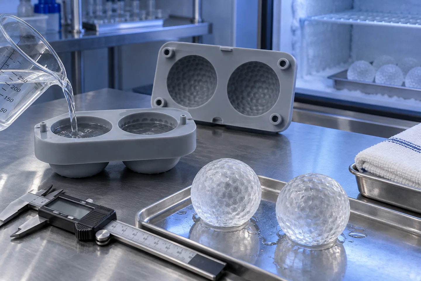 Freezer, Roundness and Release Validation Golf ball ice mold during filling roundness seam and release validation