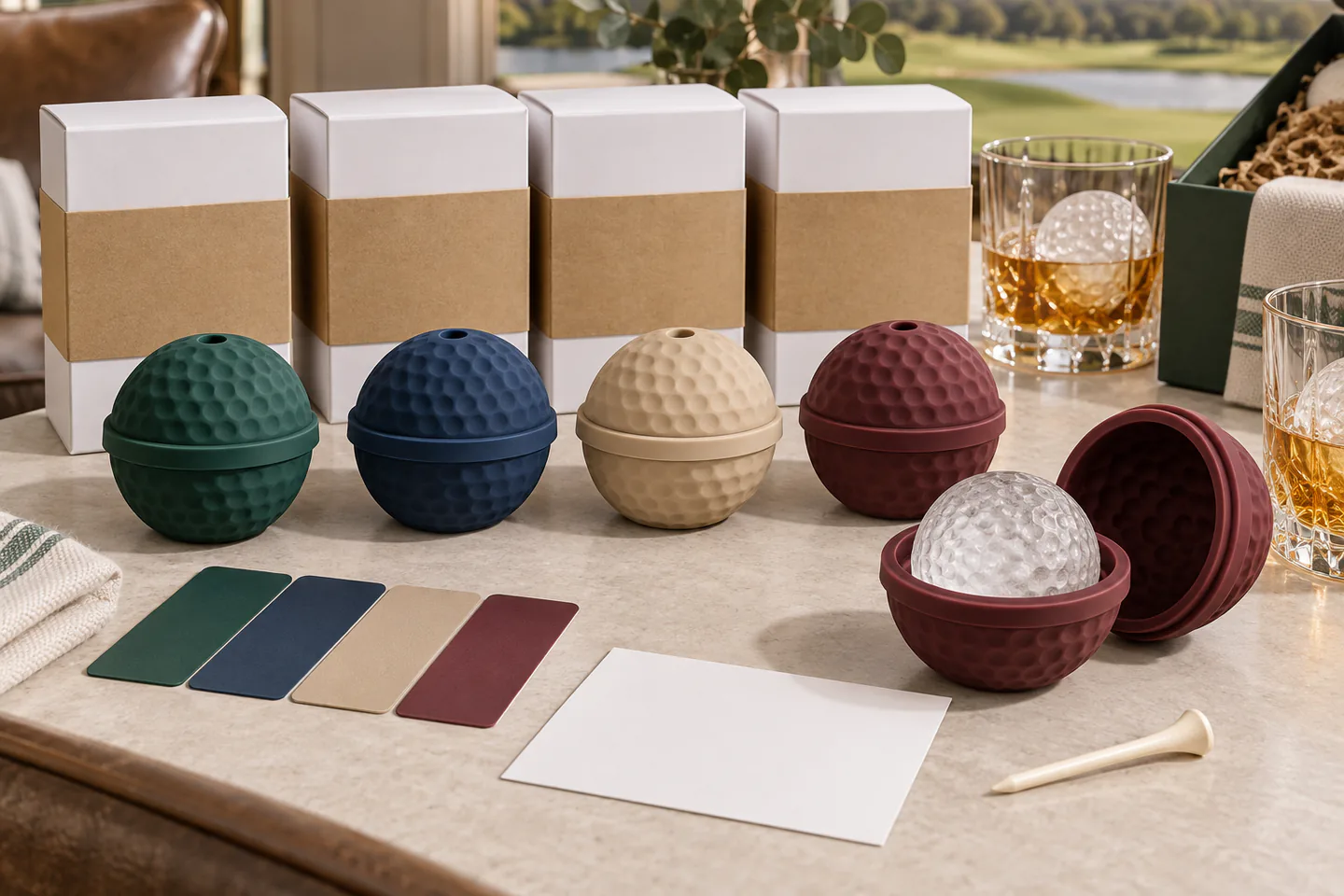 Private-Label Hospitality Packout Forest green navy sand and burgundy golf ball ice molds with blank packaging