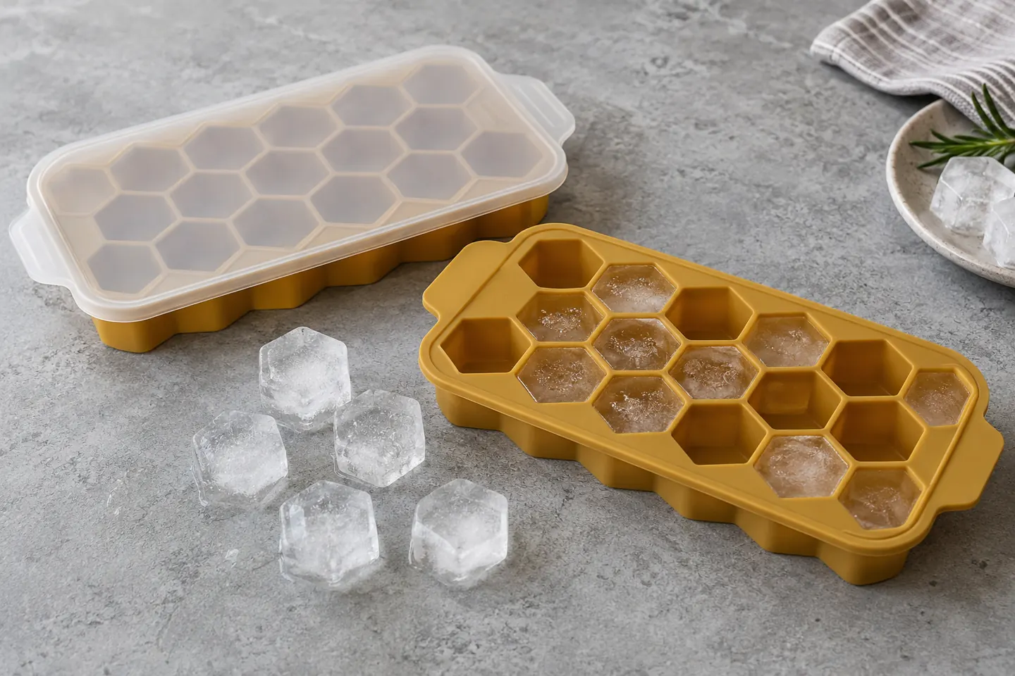 Custom eighteen-cavity silicone honeycomb ice trays with fitted lids