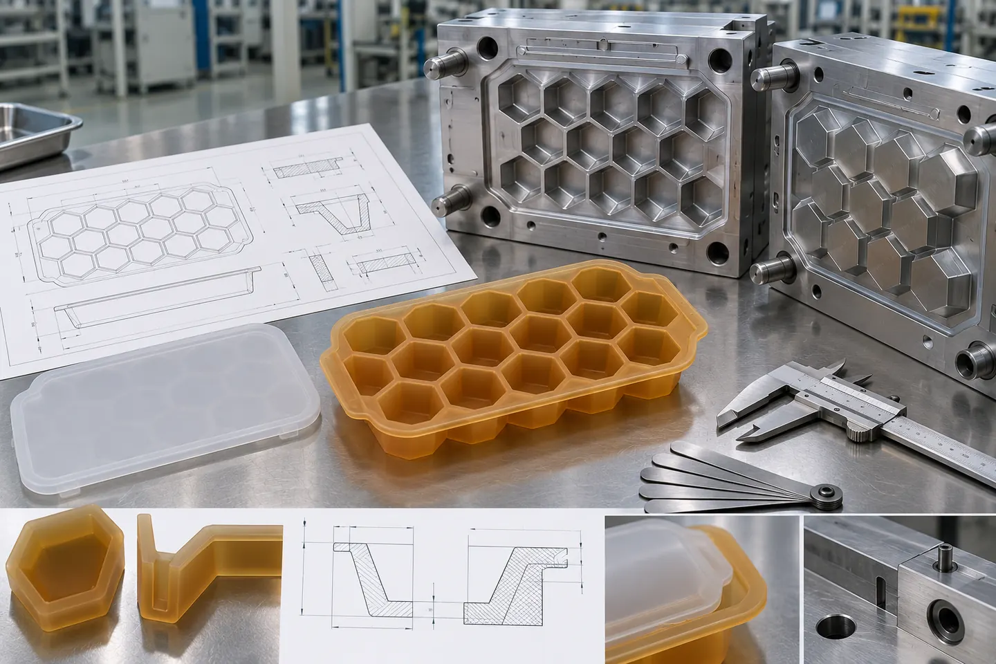 Honeycomb Tray DFM and Tooling Review Honeycomb ice tray prototype with technical drawing gauges and compression tooling