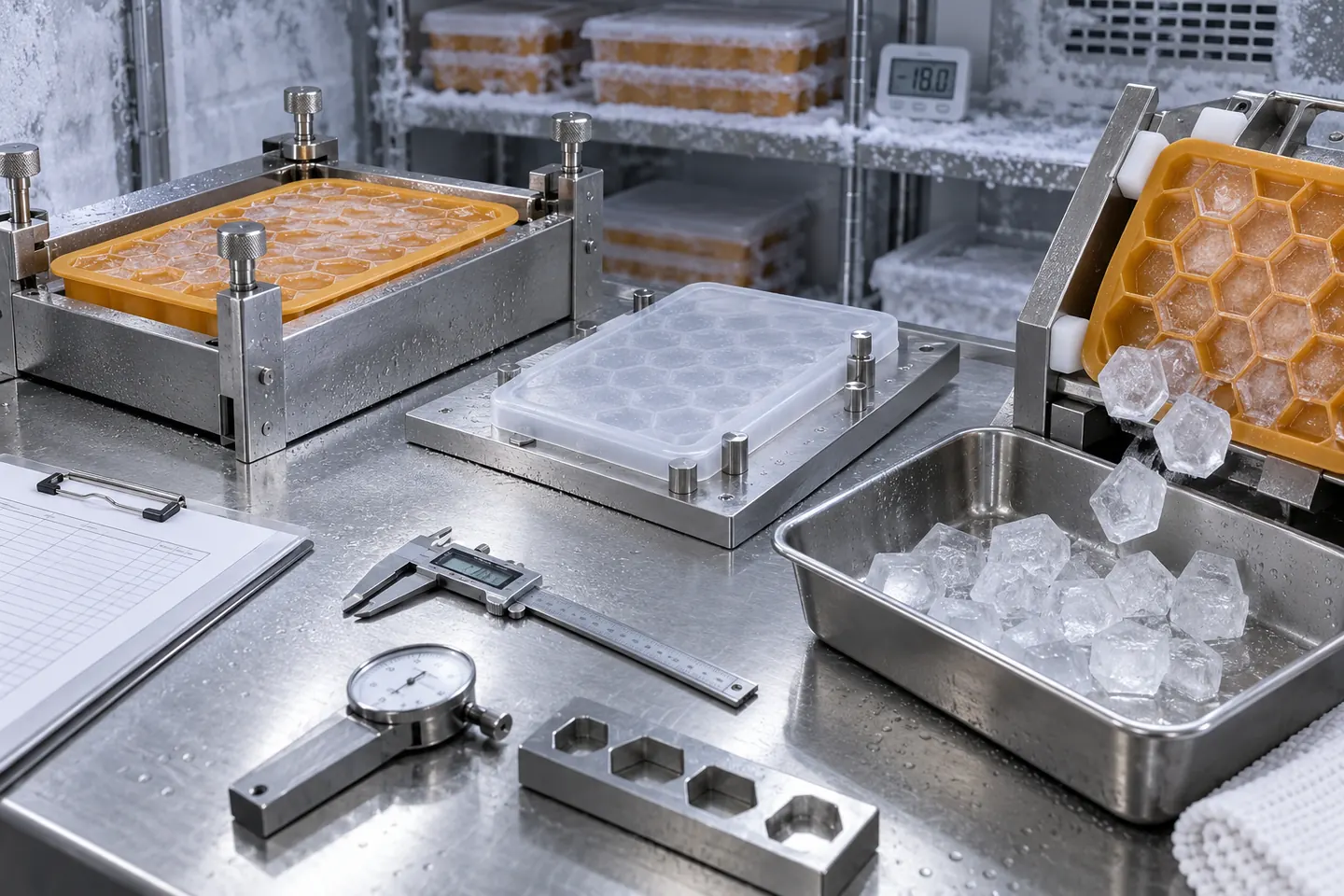 Freezer, Lid-Fit and Release Validation Controlled filling freezing lid-fit and ice-release validation for a honeycomb tray