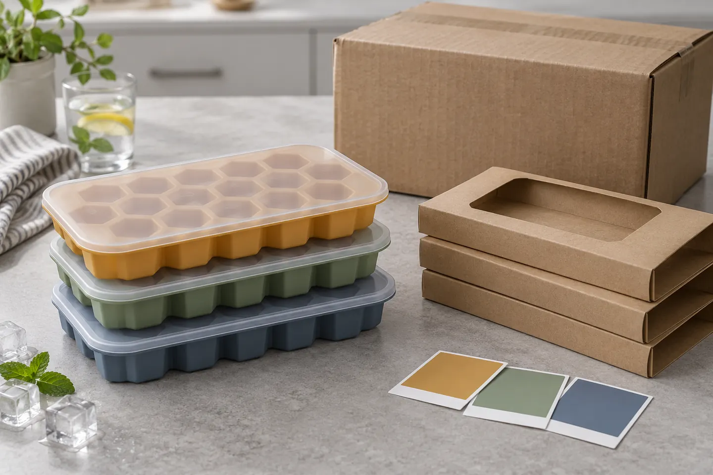 Private-Label Color and Packout Approval Three private-label honeycomb ice trays with fitted lids and kraft packaging