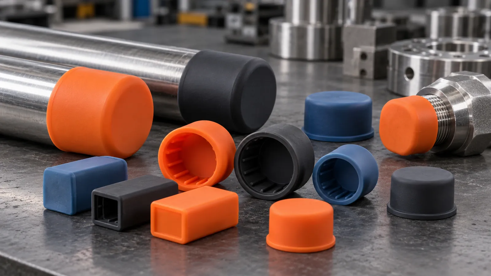 Custom silicone protective end caps fitted to metal tubes and fittings