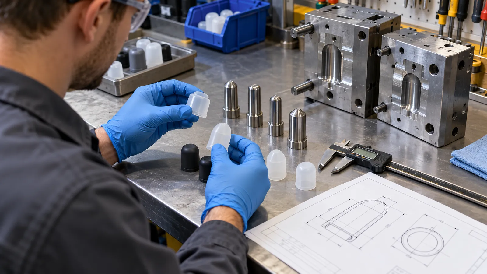 Interface DFM and Tooling Review Engineer reviewing silicone end-cap prototypes, gauges and molding tools