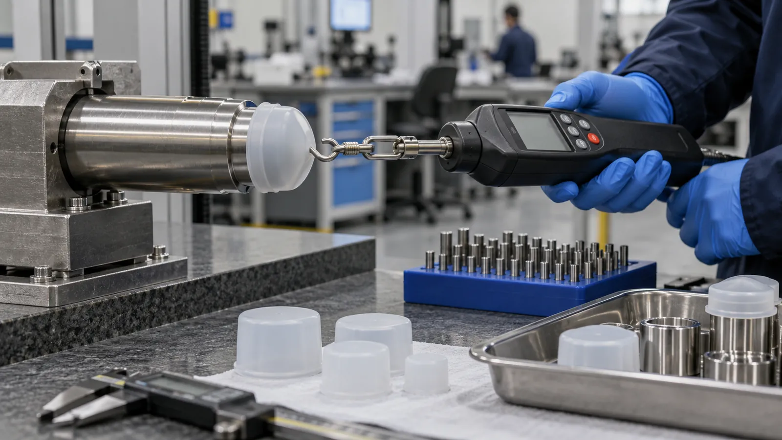 Controlled Fit and Retention Validation Pull-force validation of a silicone protective end cap on a metal fitting