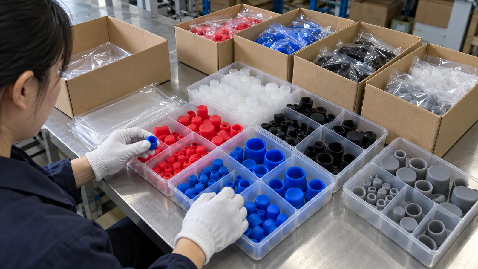 Variant Separation and Packout Color-coded silicone protective end caps sorted for industrial packout