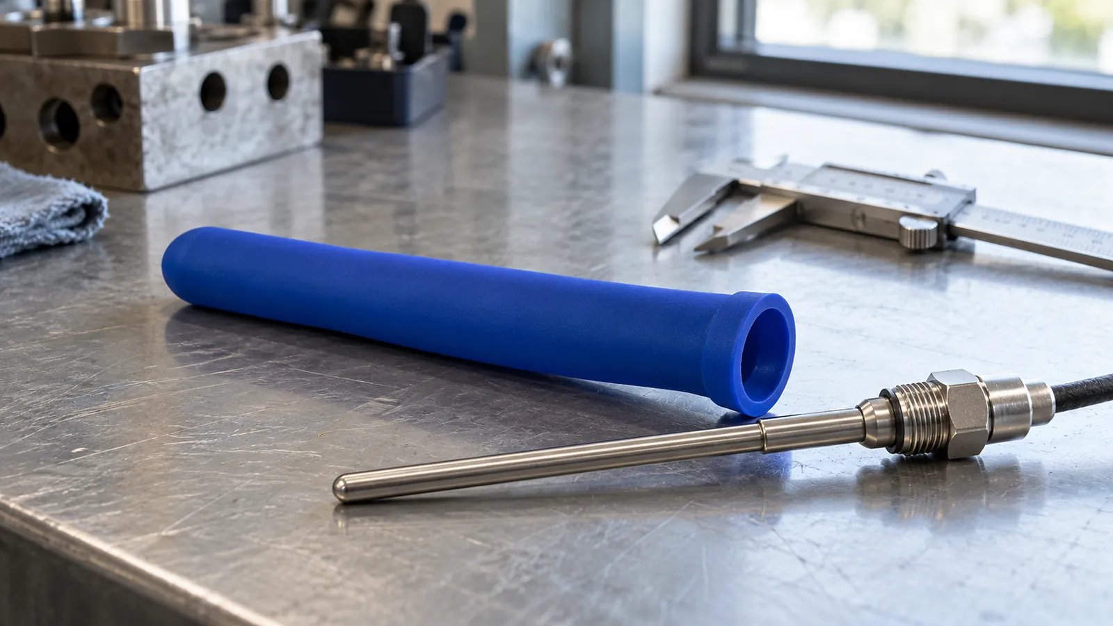 Illustrative blue silicone sensor probe sleeve beside a stainless sensor probe