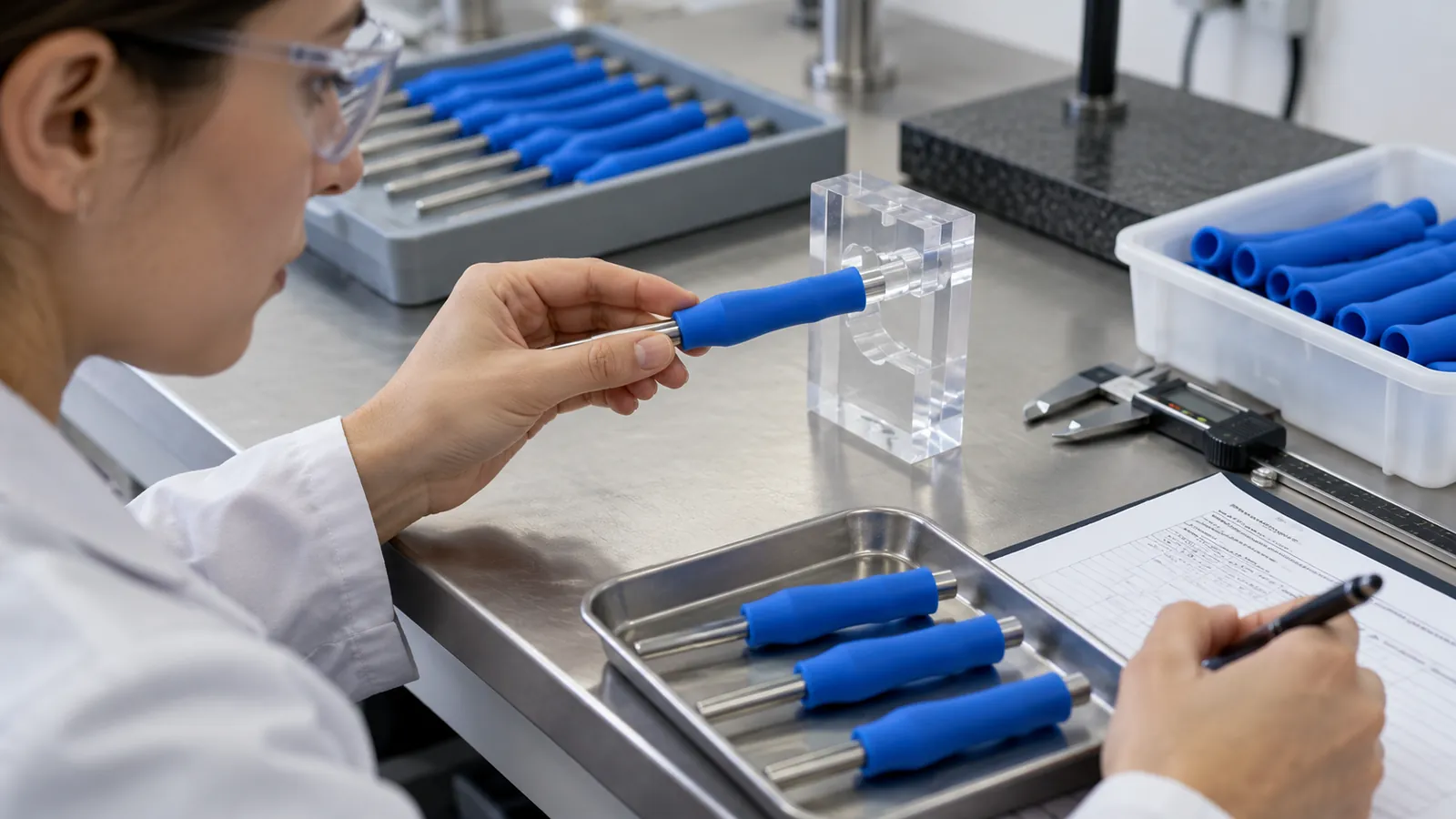 Illustrative technician inspecting silicone sleeve fit on a sensor probe