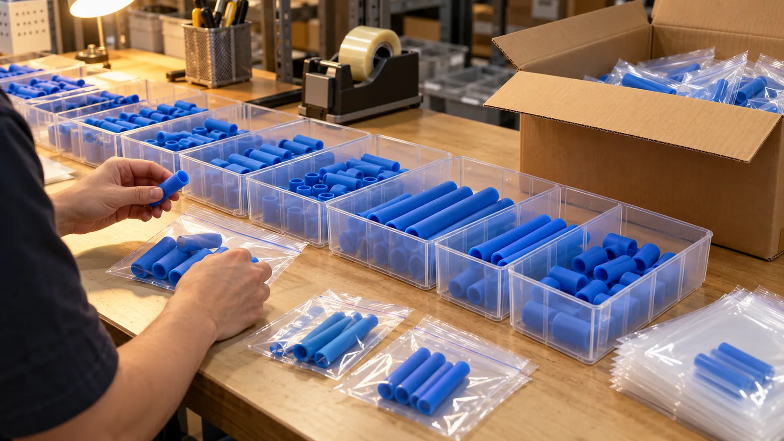 Illustrative blue sensor sleeves sorted into size groups for packing